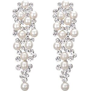 Women's Wedding Bridal Crystal Simulated Pearl Multi Beaded Cluster Chandelier D